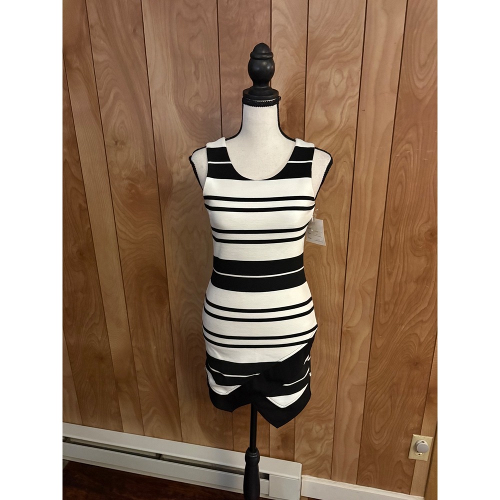 Elisa B. Girls Black White Striped Bodycon Dress Asymmetrical Hem Size 16 NWT